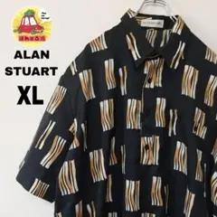USA古着 ALANSTUART　半袖ボタンシャツXL　裾リブ　ブラックブラウン