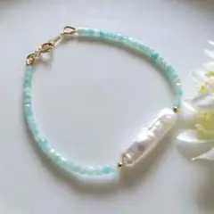 ＊再販＊　スティックの淡水パールとアマゾナイトのブレスレット　14kgf