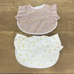 お食事エプロン　2枚セット①　チェリー　ピンク　ホワイト　防水ポケット付き
