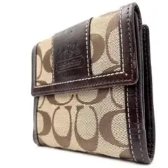 COACH 二つ折り財布　キャンバス　レザー ベージュ　ブラウン