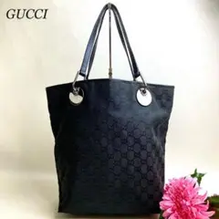 良品✨グッチ トートバッグ GG柄 ロゴ刻印 シルバー金具 キャンバス ブラック