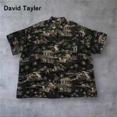 【276】David Taylerボタニカル柄レーヨンシャツ半袖ブラック2XL