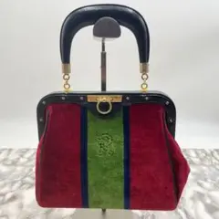 ロベルタディカメリーノ ハンドバッグ がま口 ベロア レッド&ネイビー&グリーン
