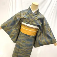 【1397】着物 紬 正絹 袷 玉蜀黍色 藍色 ~166cm 単品販売♪