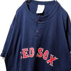マジェスティックMLBレッドソックス10ハーフボタン TシャツネイビーL古着