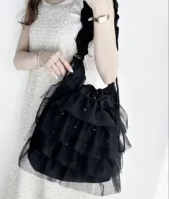 mily bilet ラインストーン付きチュールフリルドロスト巾着バッグ