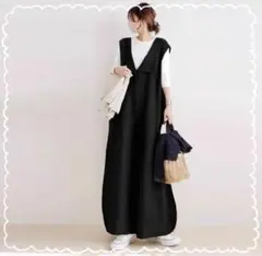 オールインワン ワイドパンツ サロペット リネン ゆったり とろみ感 ブラック