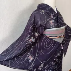 くすみ紫系　流水・桜模様　小紋　絽・夏物・単衣　化繊
