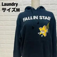 Laundry ブラックパーカー プリントデザイン M ポケットあり【634】