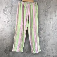 Y5400古着　柄パンツ　パジャマパンツ　ストライプ　緑　ピンク　白　キッズ