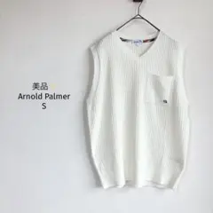 アーノルドパーマー ニットベスト【S】リブ クリーム色 Vネック ロゴ 美品✨
