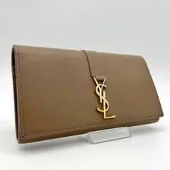 【美品】サンローラン 長財布 フラップ YSLロゴ金具 グレージュ レザー