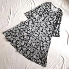 1487【ピサーノ】花柄カットソーワンピース　LL ネイビー　七分袖