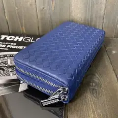 ラムレザー 財布■羊革 イントレチャート 長財布■ダブルラウンドファスナー■青