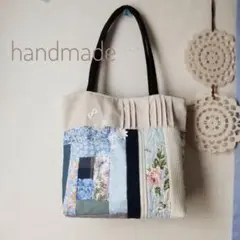 ハンドメイド　パッチワーク　トートバッグ　ピンタック　ブルー　花柄