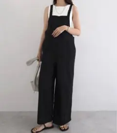 and me リネン混ワイドベイカーサロペット オーバーオール　ブラックLサイズ