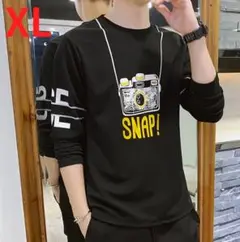 黒　メンズ　ロンT　Tシャツ　長袖　柄　カメラ　シンプル　大きい　ゆったり　XL