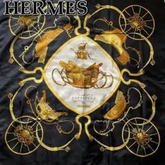 美品☆HERMES スカーフ カレ90 スプリングス シルク100% ブラック