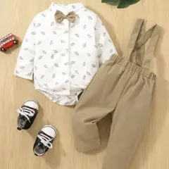 男の子赤ちゃん 恐竜プリント 蝶々結びフロント ボディスーツ & オーバーオール