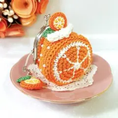 ハンドメイドスイーツがま口　オレンジロールケーキストラップ付き
