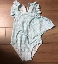 水色ギンガムチェック ワンピース水着 キャップ付き