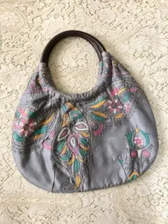 最終価格　美品　アジア民族刺繍布×本革持ち手　1点もの　美刺繍♪ハンドバッグ