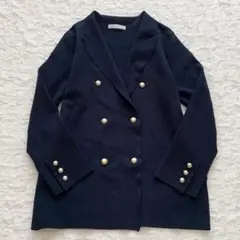 ドゥクラッセ【XL】ブレザー風ニットジャケット 大きいサイズ 金ボタン 紺ブレ
