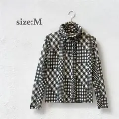 タートルネック　長袖カットソー　トップス　チェック柄　パッチワーク　モノクロ　M