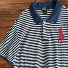 ポロラルフローレン 半袖ポロシャツ 青 ストライプ ビッグポニー 刺 XL
