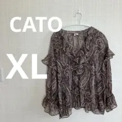 CATO フリル付きブラウン模様シャツ 【XL】