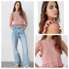 ZARA フリル ノースリーブ ニット トップス ピンク　S ビスチェ