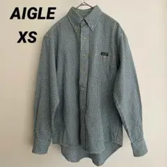 【美品】AIGLE 緑と白のチェック柄 おしゃれ 長袖 シャツ XS ブラウス