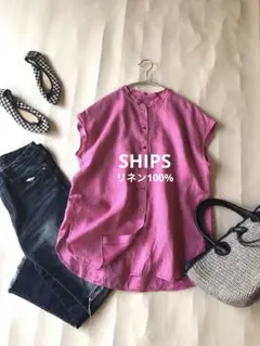 シップス上質リネン100%きれい色ゆったりフレンチスリーブバンドカラーシャツ♪