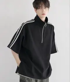 LILL 5分袖ドレープハーフジップカットソー