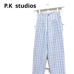 P.K studios チェックワイドパンツ 水色 ハイウエスト 薄手
