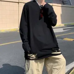 メンズ ダメージ加工 ロンＴ 長袖 ブラック 黒 韓国