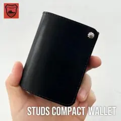 栃木レザー財布 コンパクト財布 二つ折り財布 スタッズ財布 新品 ブラック