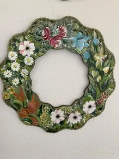 【美品】花柄 木製リース 波型 ハンドメイド トールペイント