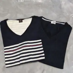 ネイビー/ストライプ VネックTシャツ 2枚セット