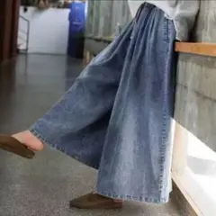 ガウチョパンツ ワイドパンツ　デニム ボトムス ゆったり 体型カバー　ゆったり