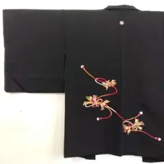 【美品】絵羽織 羽二重 束ね熨斗 紋付き 刺繍 正絹 身丈78 裄65 黒色