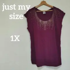 just my size ノースリーブTシャツ【1X】 ベルベットワイン ビーズ