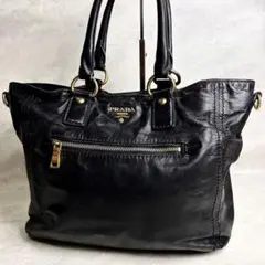 【希少】 PRADA オールレザー 金具 プレート トートバッグ ブラック A4