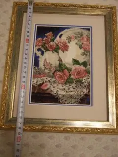 刺繍作品 花とティーセット クロスステッチ