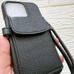 iPhone13pro iPhoneケース　ショルダーケース　本革風　ブラック