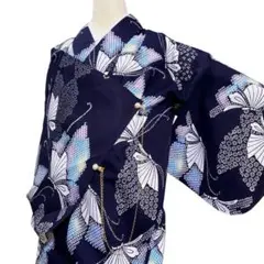 ユ23洗える夏着物　浴衣　紺青　綿　美品
