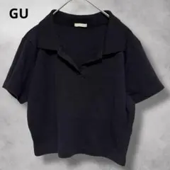 【ジーユー】GU（L）スキッパーポロシャツ/半袖/ブラック/無地/ショート丈