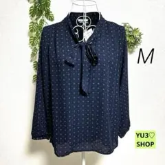 新品！グラシア 長袖ブラウス M ネイビー リボン紐 総柄 シアー