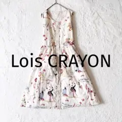 美品✨ ロイスクレヨン ノースリーブワンピース 総柄 M リボン付 マルチカラー