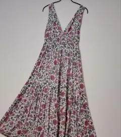 【試着のみ美品】花柄ロングワンピース ノースリーブ Vネック ギャザー入 フレア